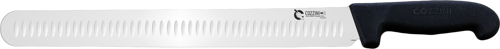 Long slicing knife with a black handle and hollow edge blade.